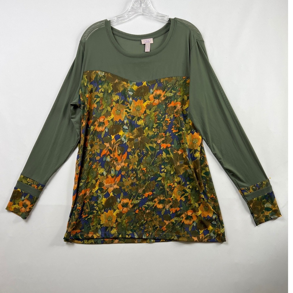 LOGO Layers Top Womens Large Green Floral Mesh Yoke Mixed Media Long Sleeve